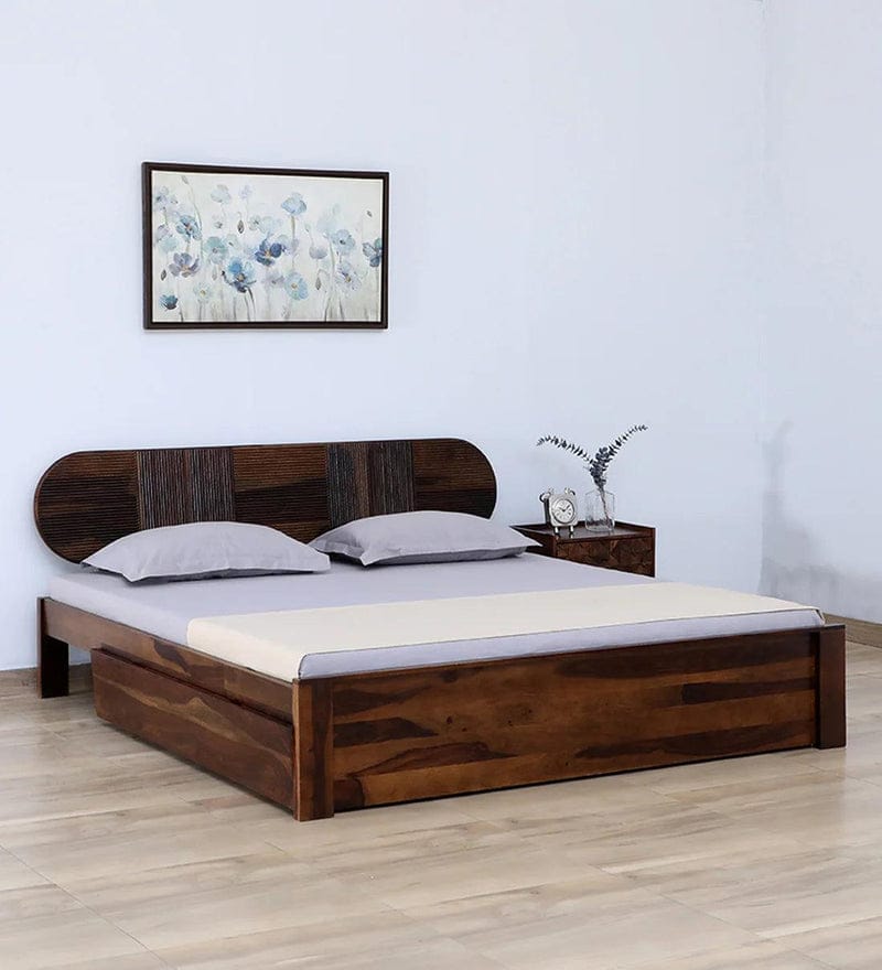 Sheesham Wood King Size Bed In Scratch Resistant Rustic Teak Finish With Box Storage
