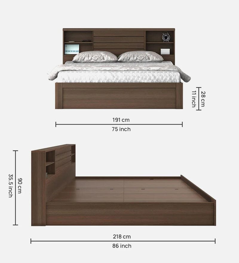 King Size Bed in Brown Finish with Box Storage