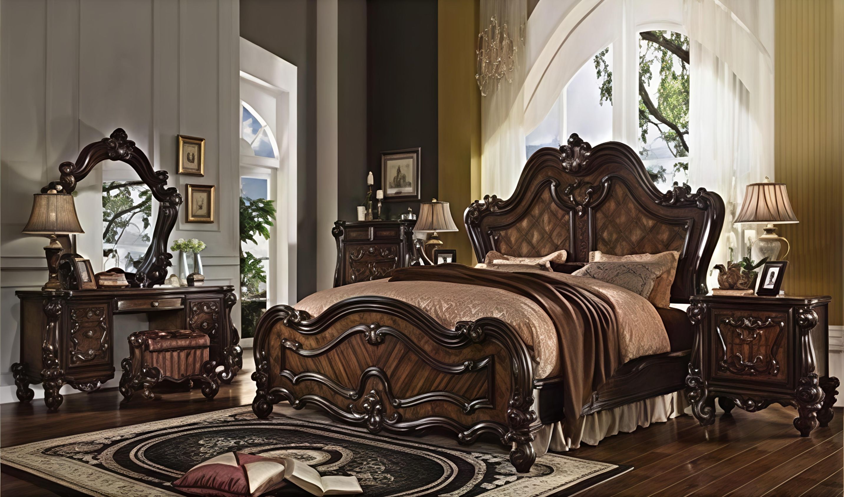 Versailles Queen Wooden Bed Cherry