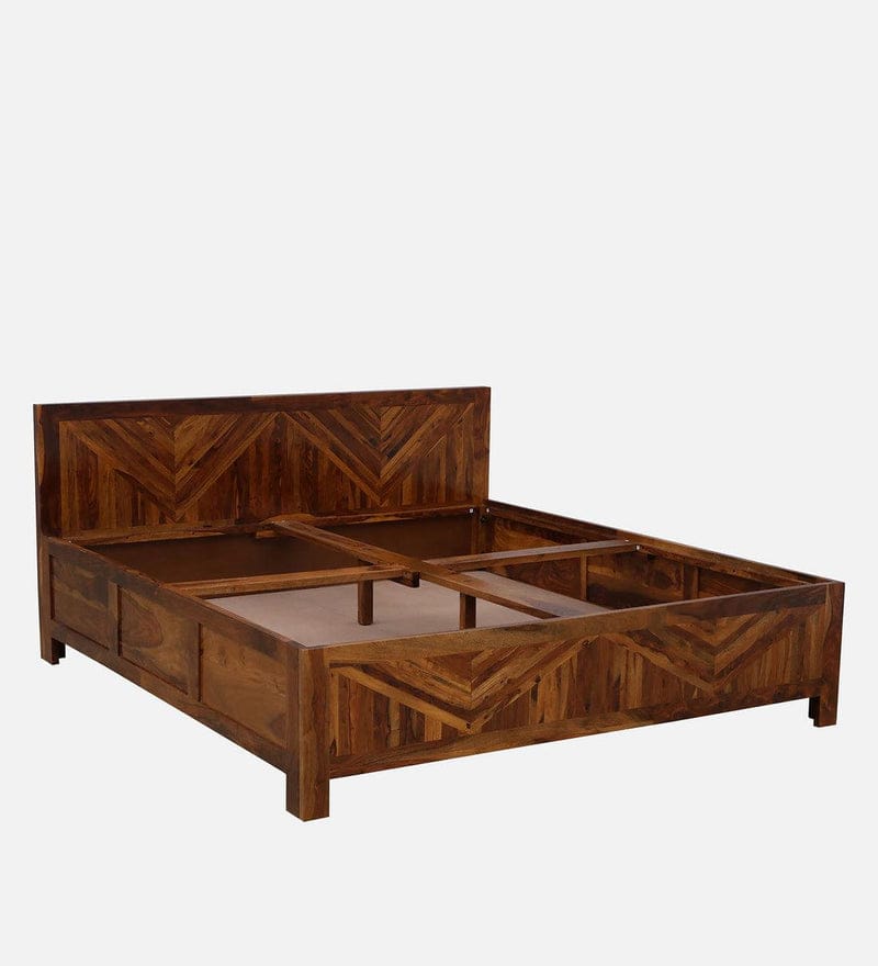Sheesham Wood King Size Bed With Box Storage in Light Honey Finish