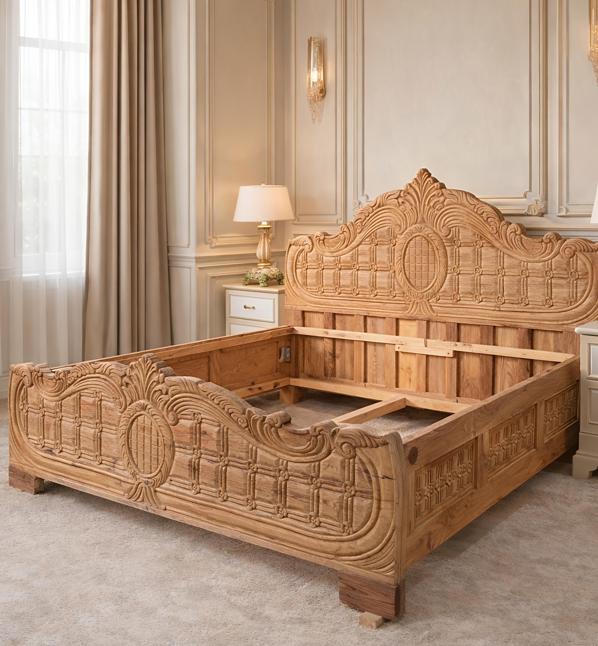 Premium Solid Sheesham Wood Queen/King Size Bed with Box Storage/Hydraulic Storage