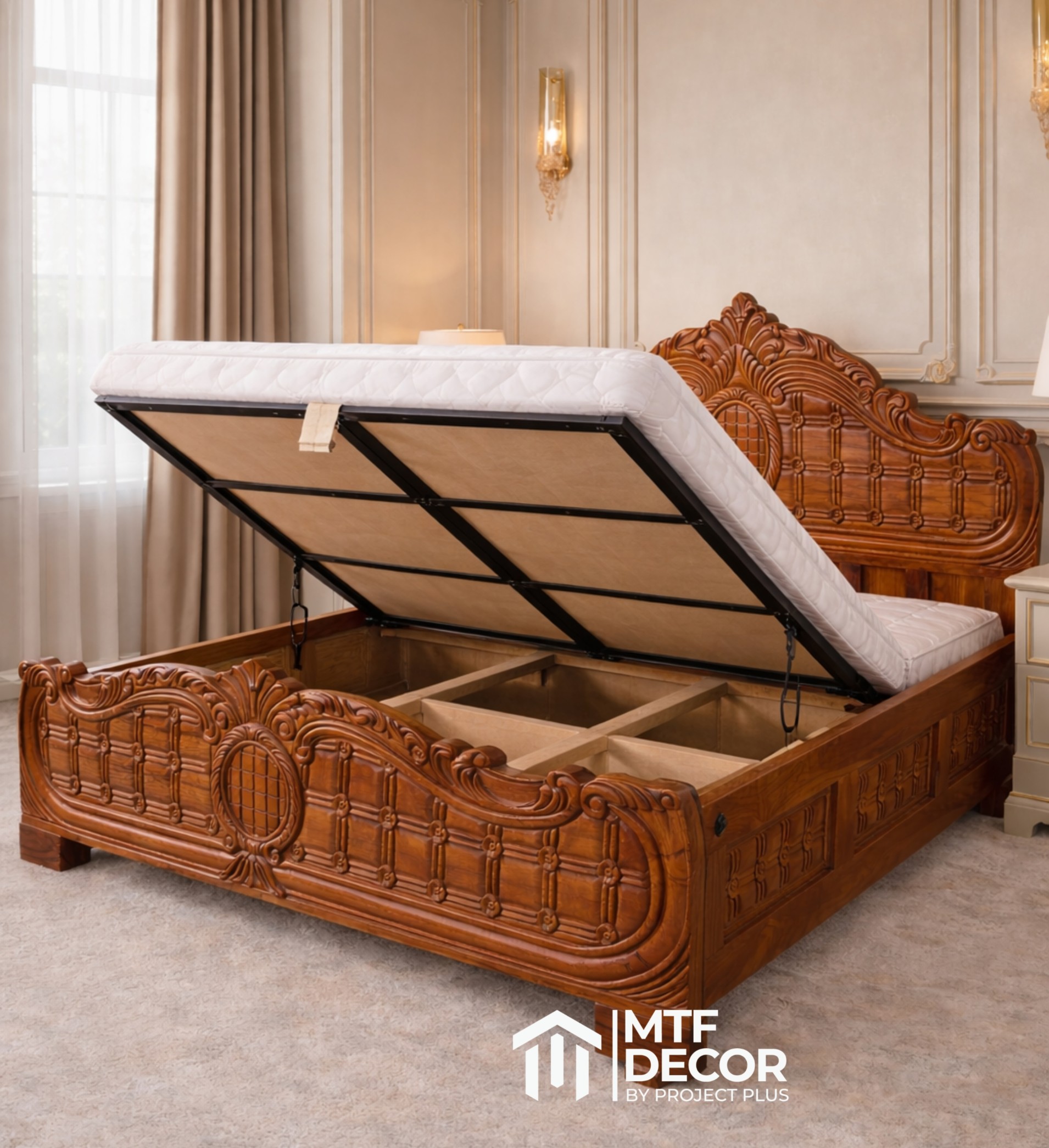 Premium Solid Sheesham Wood Queen/King Size Bed with Box Storage/Hydraulic Storage