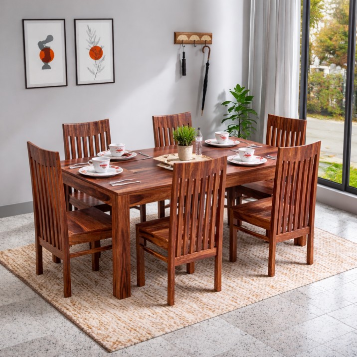 Flora Solid Sheesham Wood Six Seat Dining Table Set in Natural Finish