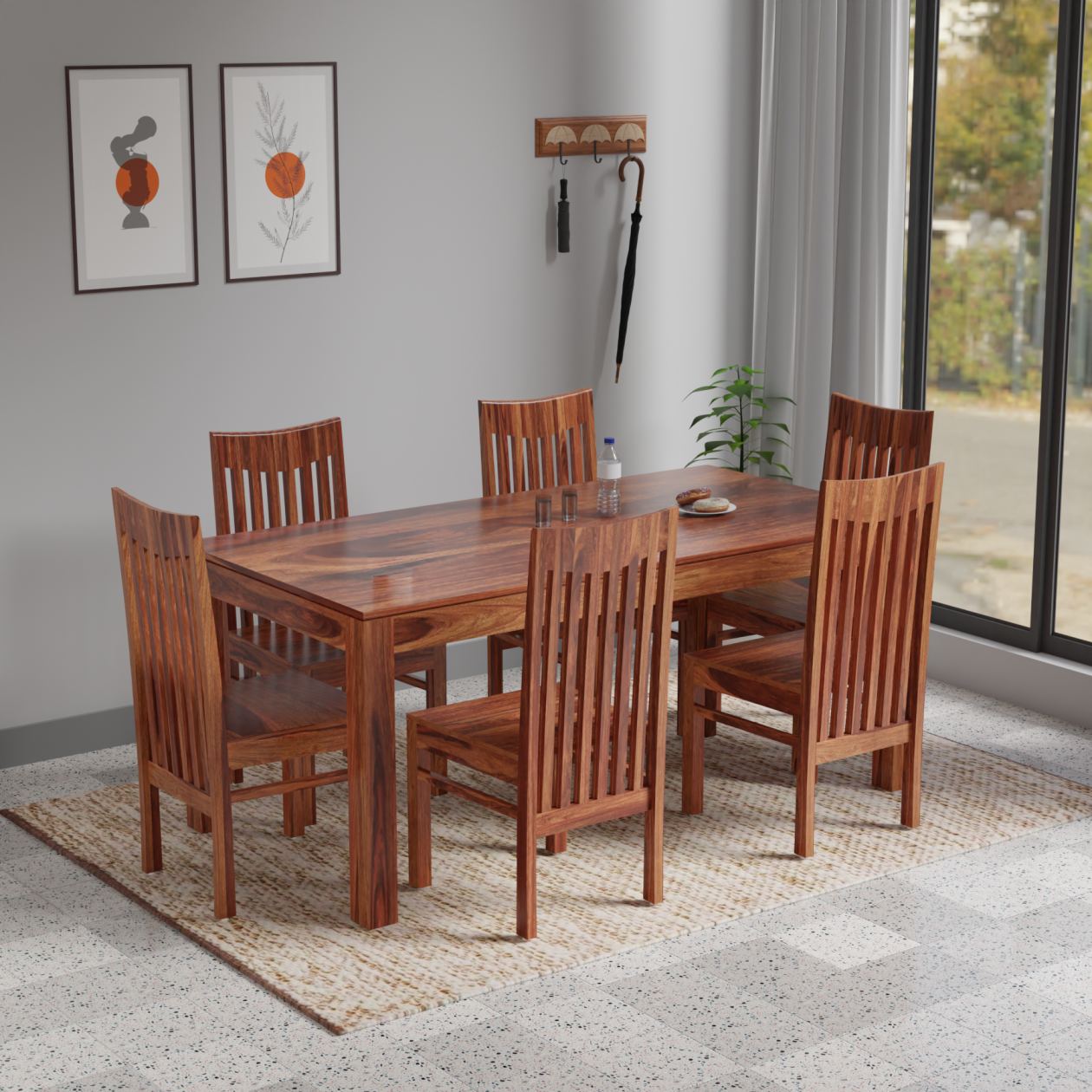 Flora Solid Sheesham Wood Six Seat Dining Table Set in Natural Finish