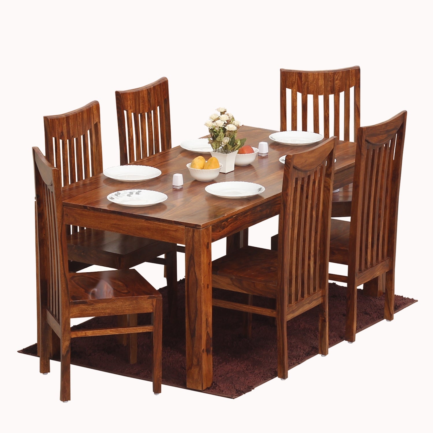 Flora Solid Sheesham Wood Six Seat Dining Table Set in Natural Finish