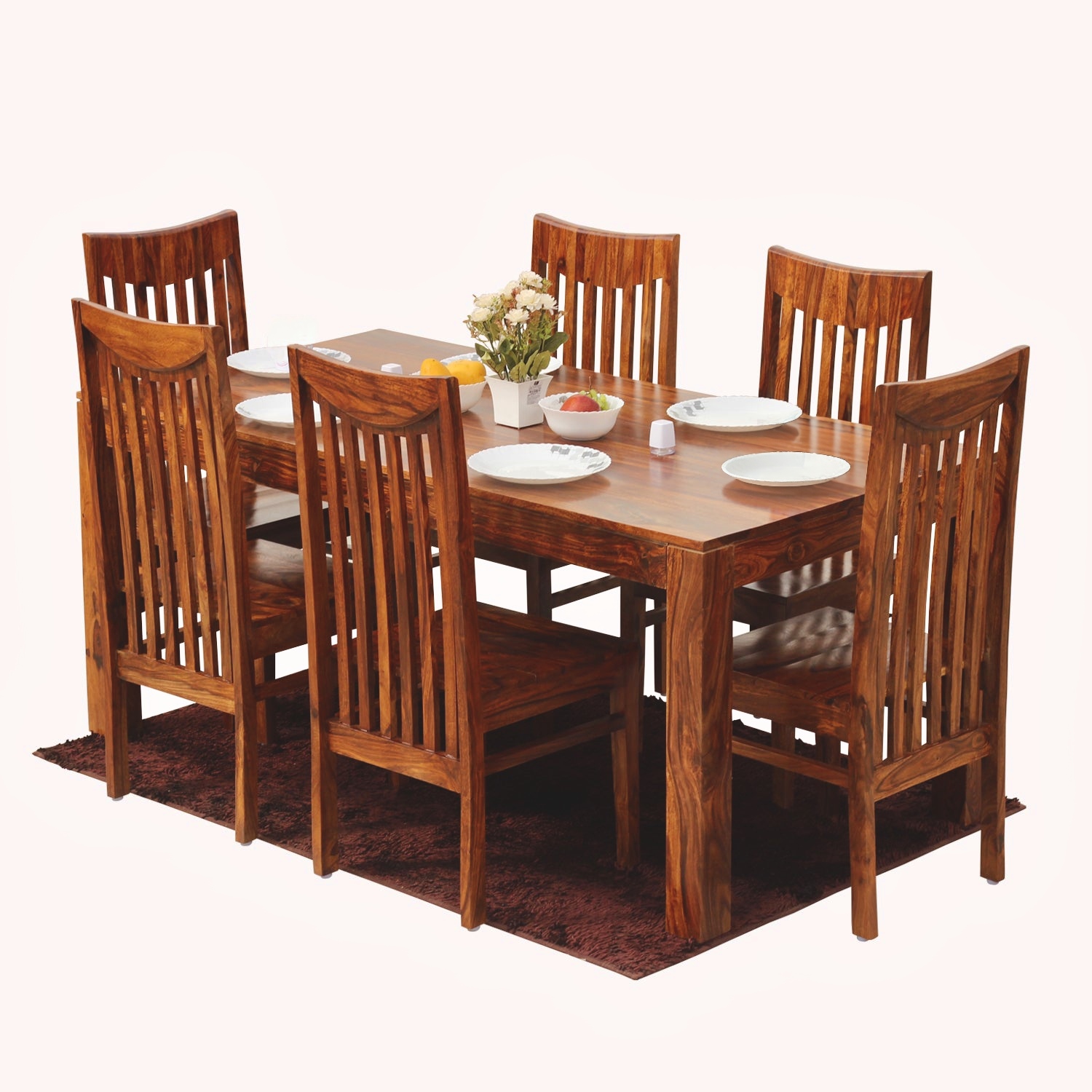 Flora Solid Sheesham Wood Six Seat Dining Table Set in Natural Finish