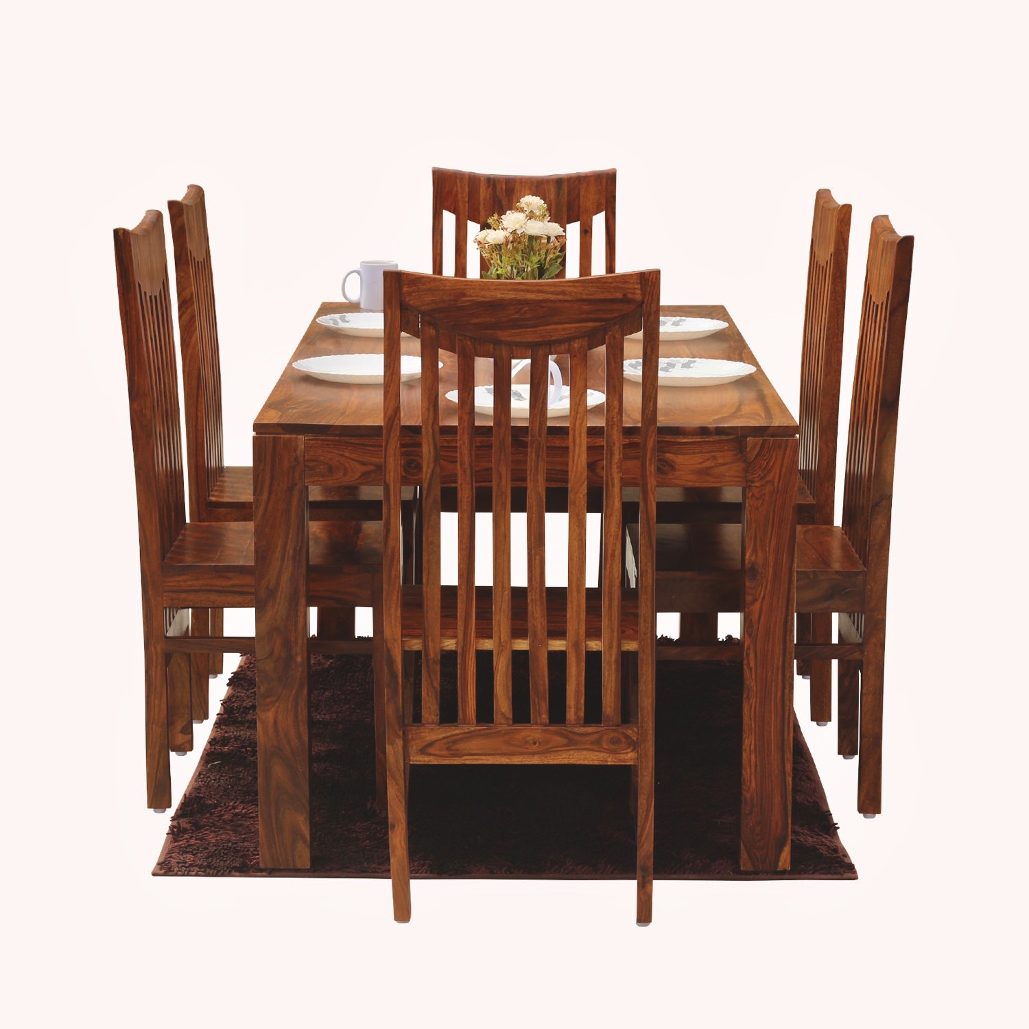 Flora Solid Sheesham Wood Six Seat Dining Table Set in Natural Finish