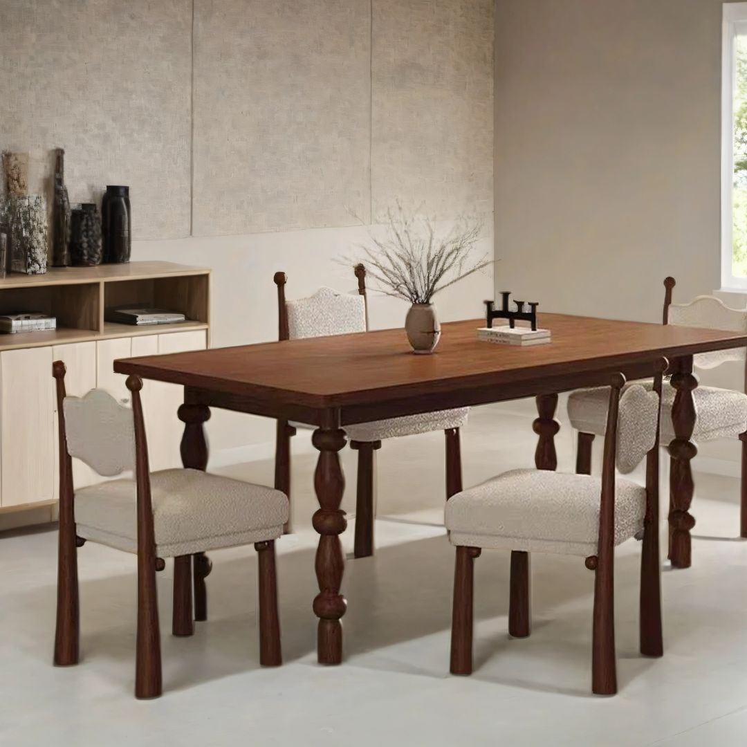 Apollo Solid Wood Mid Century Dining Set With Boucle Chairs - 6 Seater