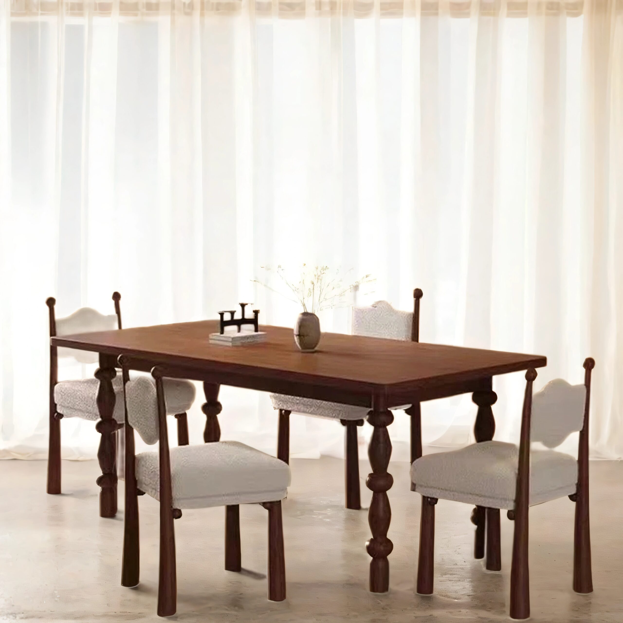 Apollo Solid Wood Mid Century Dining Set With Boucle Chairs - 6 Seater